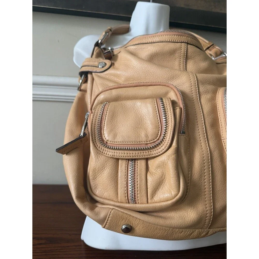 B. Makowsky Tan Leather Hobo Bag Multi-Pocket Cargo Style Silver Hardware